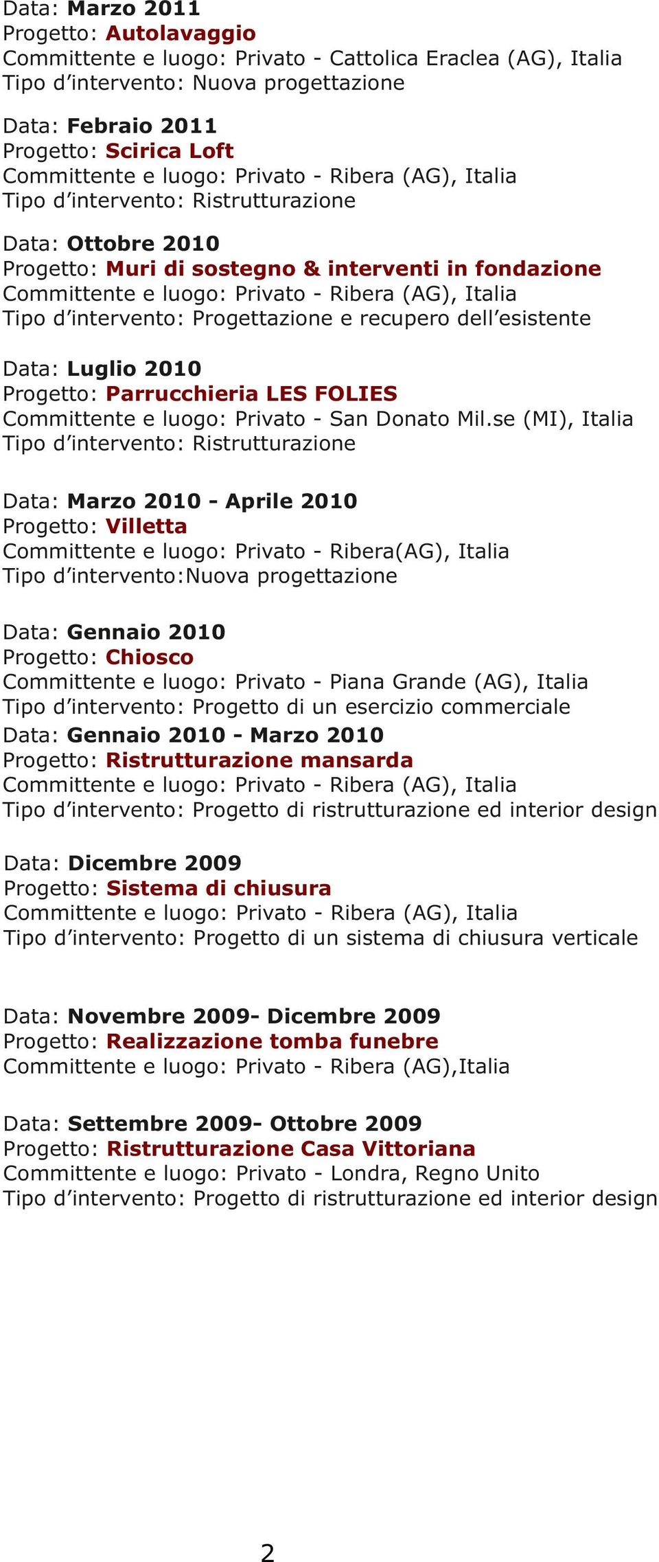 Tipo d intervento: Progettazione e recupero dell esistente Data: Luglio 2010 Progetto: Parrucchieria LES FOLIES Committente e luogo: Privato - San Donato Mil.