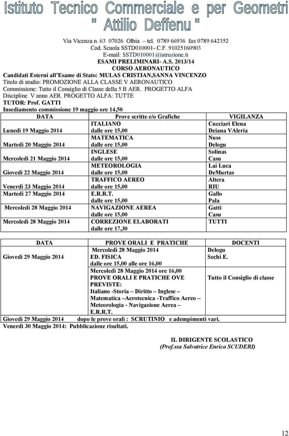 GATTI Cucciari Elena Deiana VAleria MATEMATICA Nuss Delogu INGLESE Solinas Casu METEOROLOGIA Lai Luca DeMurtas TRAFFICO AEREO Altera RIU Martedì 27 Maggio 2014 E.R.R.T. Gallo Pala Mercoledì 28 Maggio