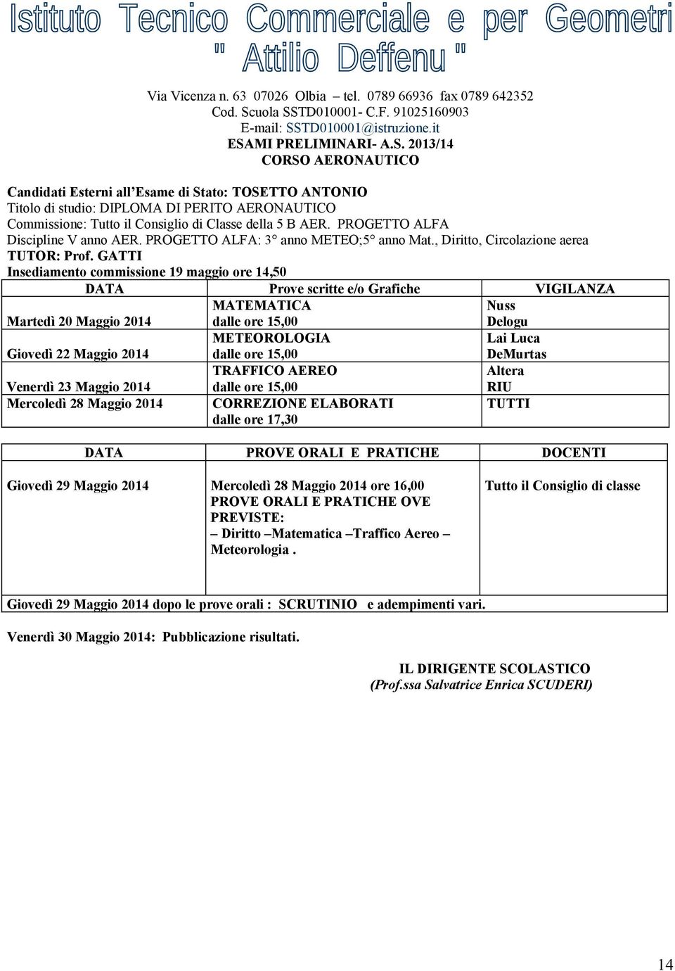 GATTI MATEMATICA Nuss Delogu METEOROLOGIA Lai Luca DeMurtas TRAFFICO AEREO Altera Mercoledì 28 Maggio 2014 dalle ore 17,30 RIU DATA PROVE ORALI E PRATICHE DOCENTI Giovedì 29 Maggio 2014