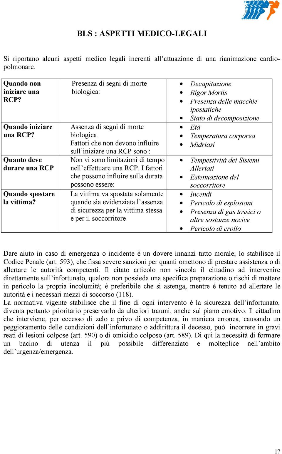 Fattori che non devono influire sull iniziare una RCP sono : Non vi sono limitazioni di tempo nell effettuare una RCP.