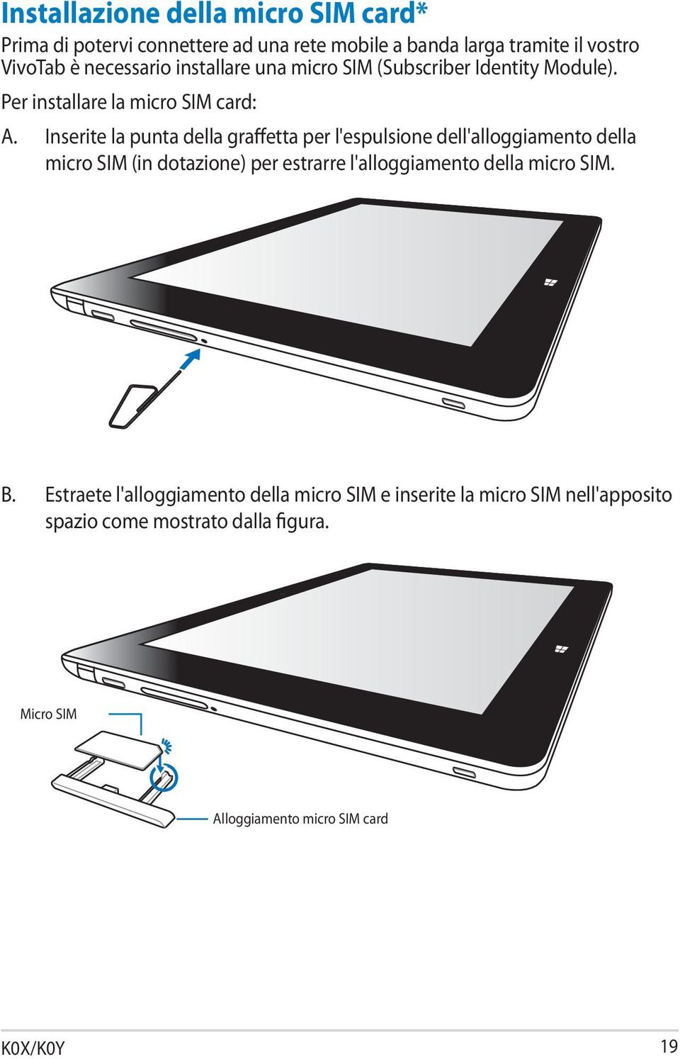 Inserite la punta della graffetta per l'espulsione dell'alloggiamento della micro SIM (in dotazione) per estrarre l'alloggiamento della