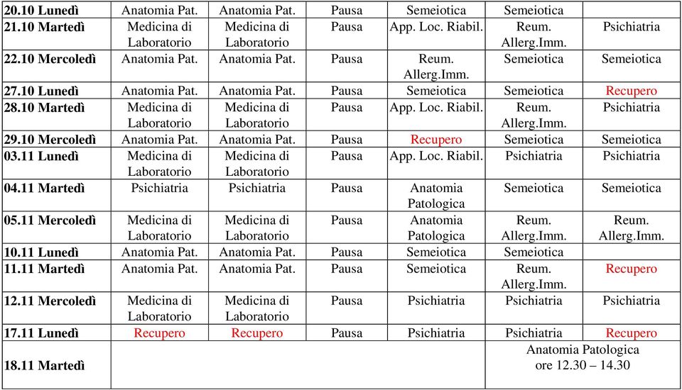 10 Mercoledì Anatomia Pat. Anatomia Pat. Pausa Recupero Semeiotica Semeiotica 03.11 Lunedì Medicina di Medicina di Pausa App. Loc. Riabil. Psichiatria Psichiatria 04.