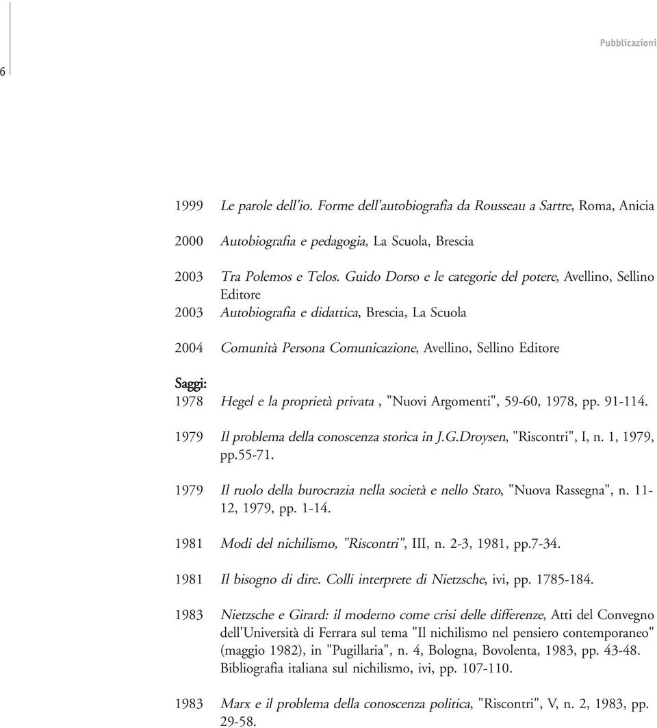 la proprietà privata, "Nuovi Argomenti", 59-60, 1978, pp. 91-114. 1979 Il problema della conoscenza storica in J.G.Droysen, "Riscontri", I, n. 1, 1979, pp.55-71.