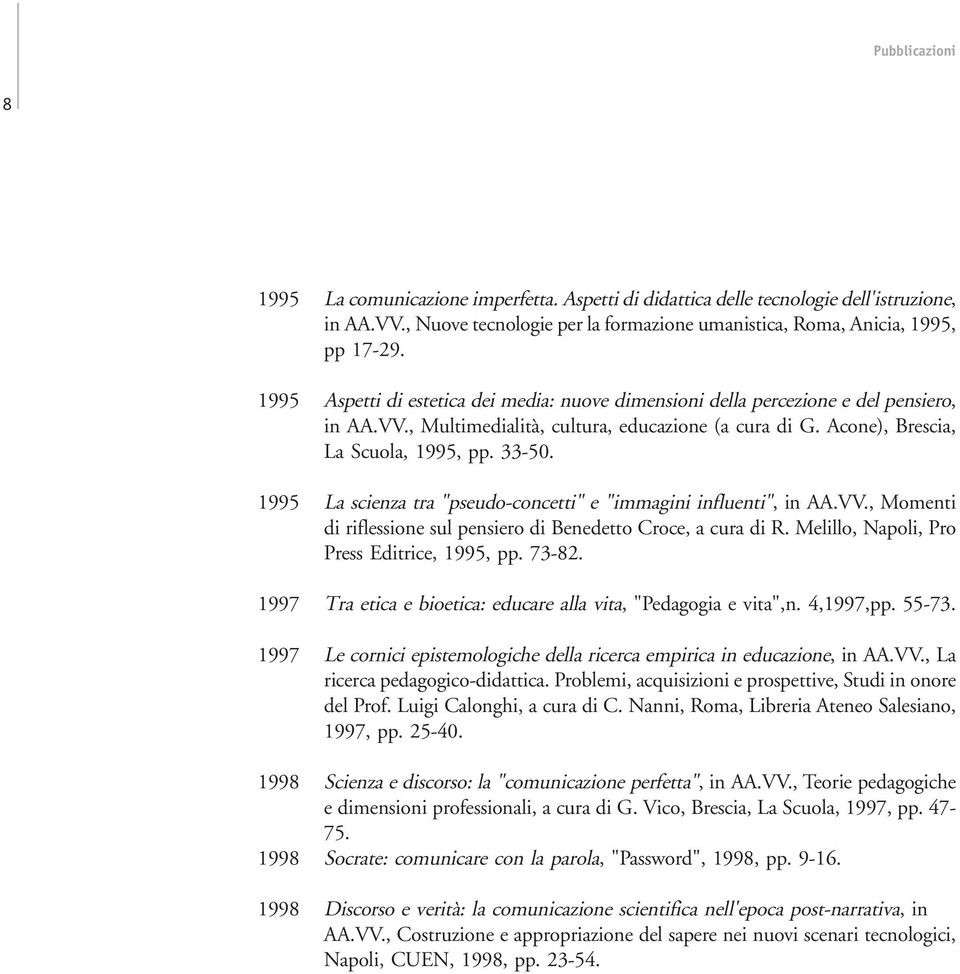 1995 La scienza tra "pseudo-concetti" e "immagini influenti", in AA.VV., Momenti di riflessione sul pensiero di Benedetto Croce, a cura di R. Melillo, Napoli, Pro Press Editrice, 1995, pp. 73-82.