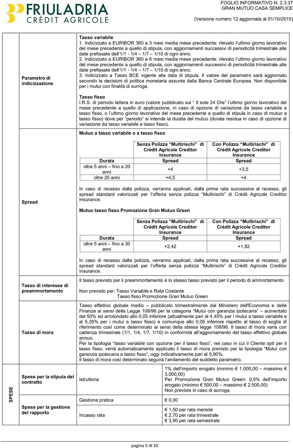 Indicizzato a EURIBOR 360 a 6 del mese precedente a quello di stipula, con aggiornamenti successivi di periodicità trimestrale alle - 1/4 1/7 1/10 di ogni anno. 3. Indicizzato a Tasso BCE vigente alla data di stipula.
