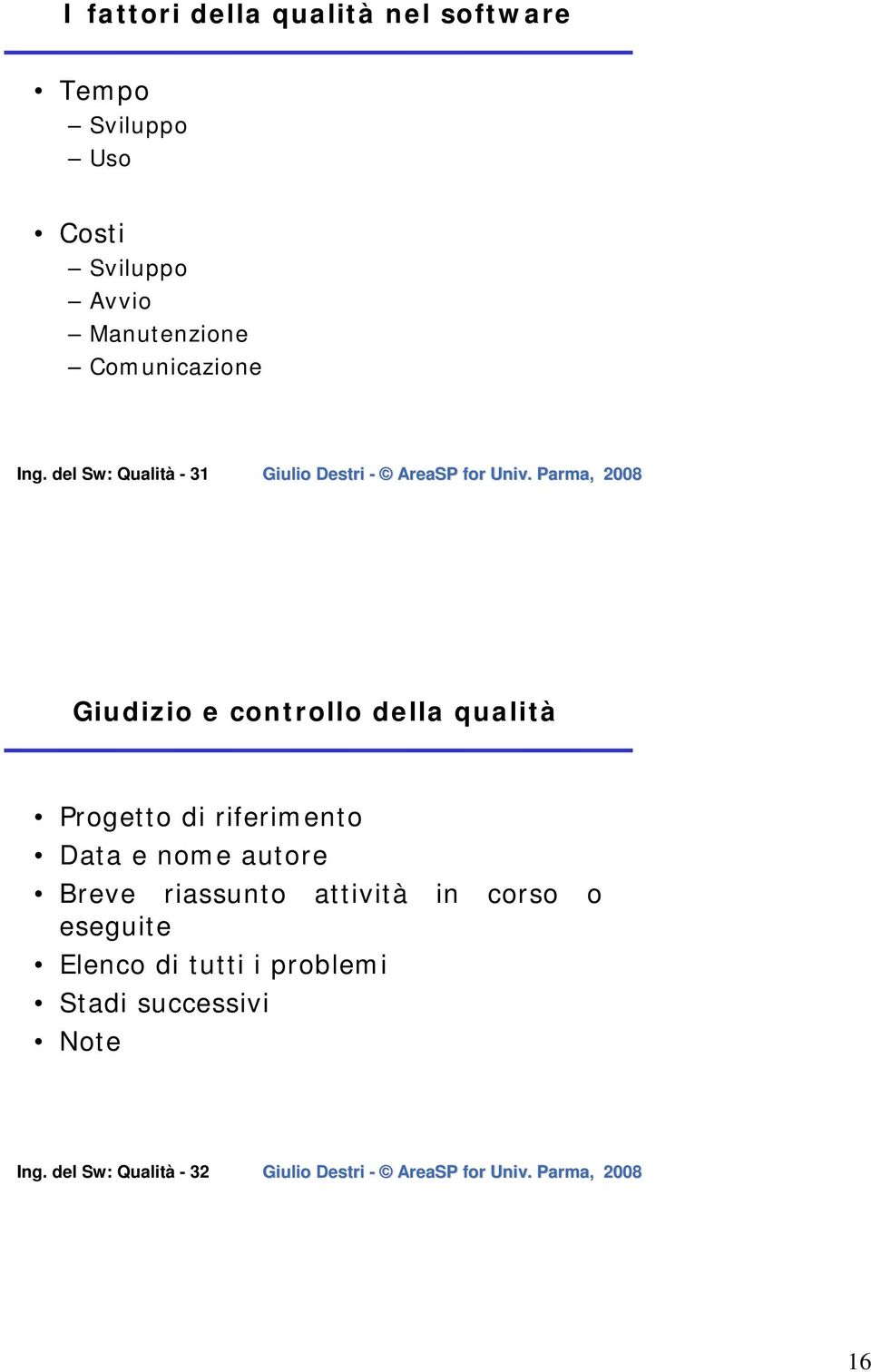 del Sw: Qualità - 31 Giudizio e controllo della qualità Progetto di riferimento