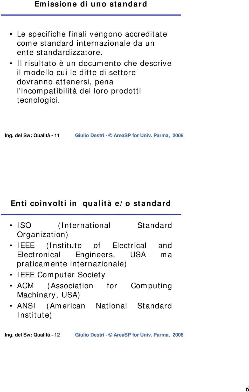 del Sw: Qualità - 11 Enti coinvolti in qualità e/o standard ISO (International Standard Organization) IEEE (Institute of Electrical and Electronical