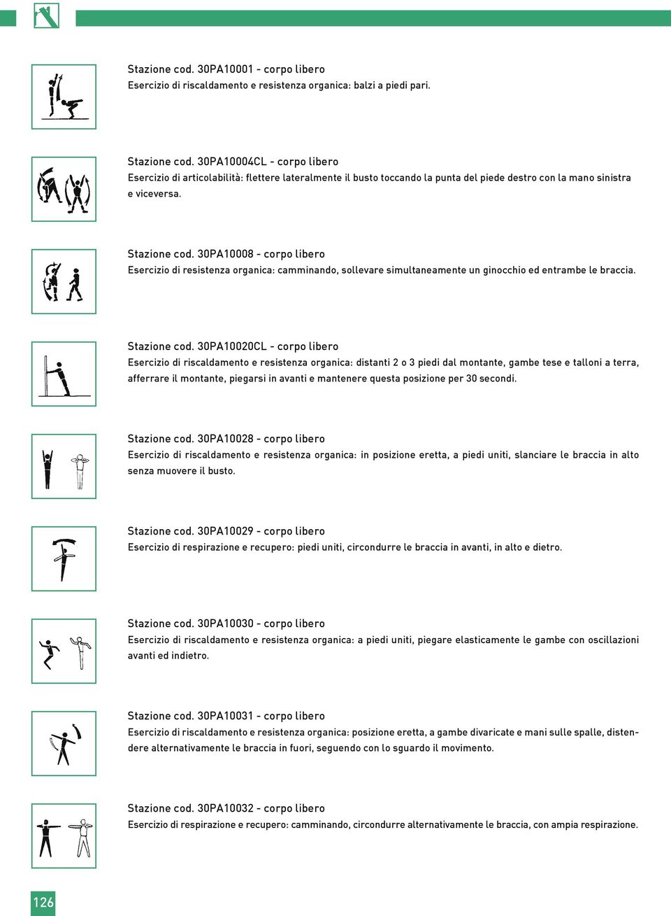 30PA10008 - corpo libero Esercizio di resistenza organica: camminando, sollevare simultaneamente un ginocchio ed entrambe le braccia. Stazione cod.