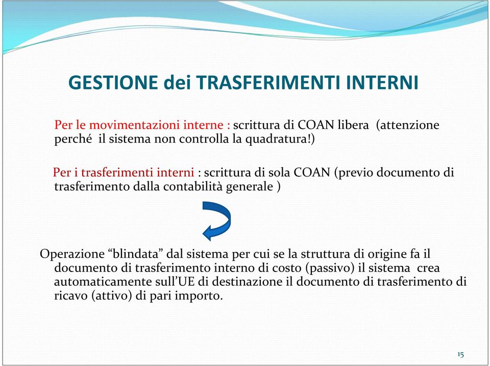 ) Per i trasferimenti interni : scrittura di sola COAN (previo documento di trasferimento dalla contabilità generale ) Operazione
