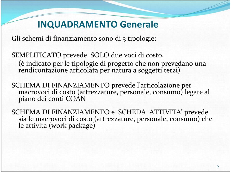 FINANZIAMENTO prevede l articolazione per macrovoci di costo (attrezzature, personale, consumo) legate al piano dei conti COAN