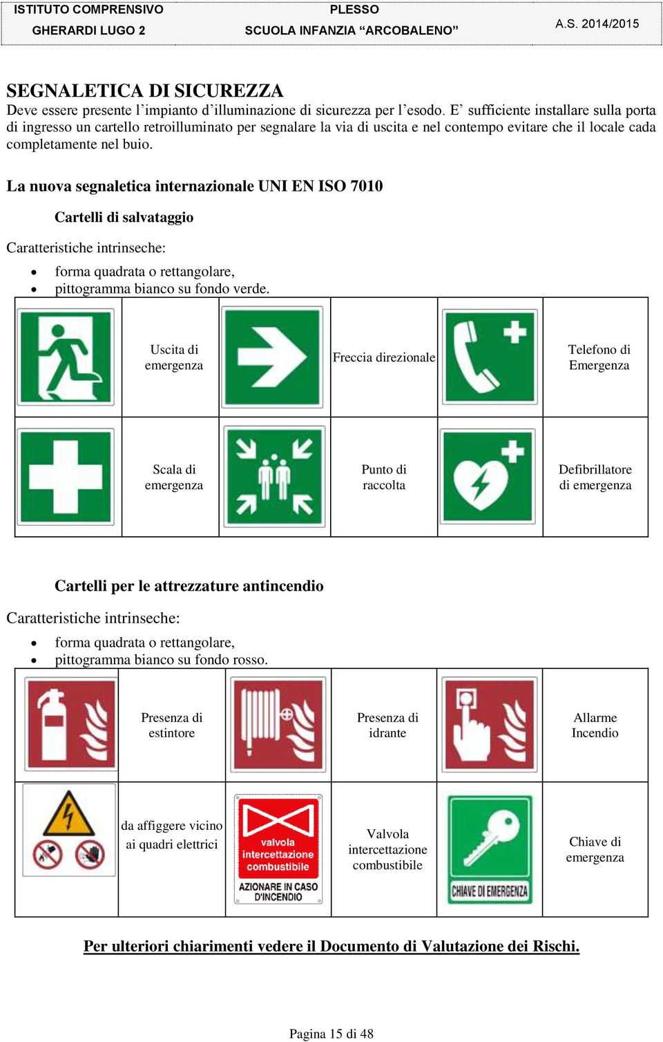 La nuova segnaletica internazionale UNI EN ISO 7010 Cartelli di salvataggio Caratteristiche intrinseche: forma quadrata o rettangolare, pittogramma bianco su fondo verde.