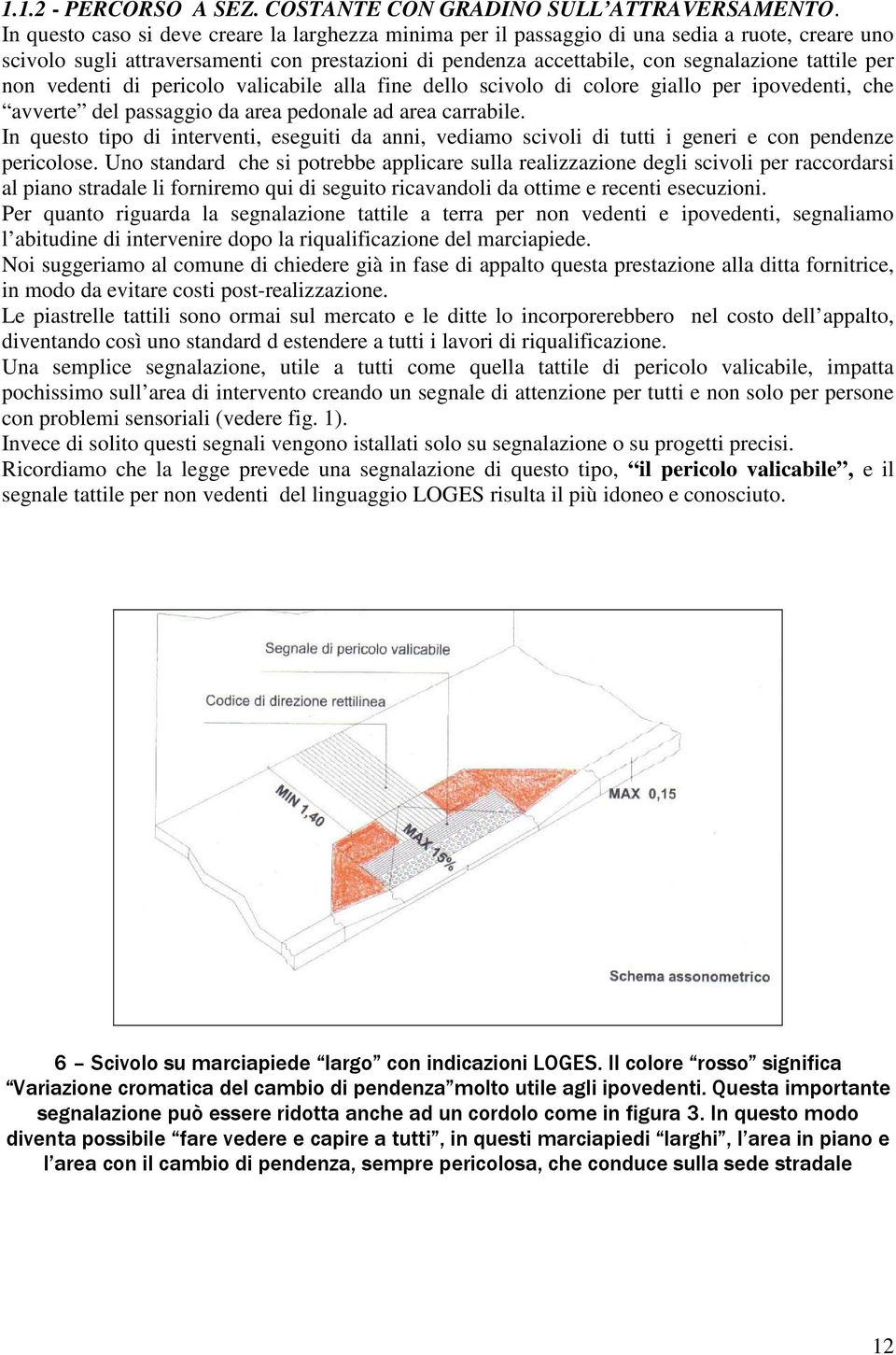 non vedenti di pericolo valicabile alla fine dello scivolo di colore giallo per ipovedenti, che avverte del passaggio da area pedonale ad area carrabile.