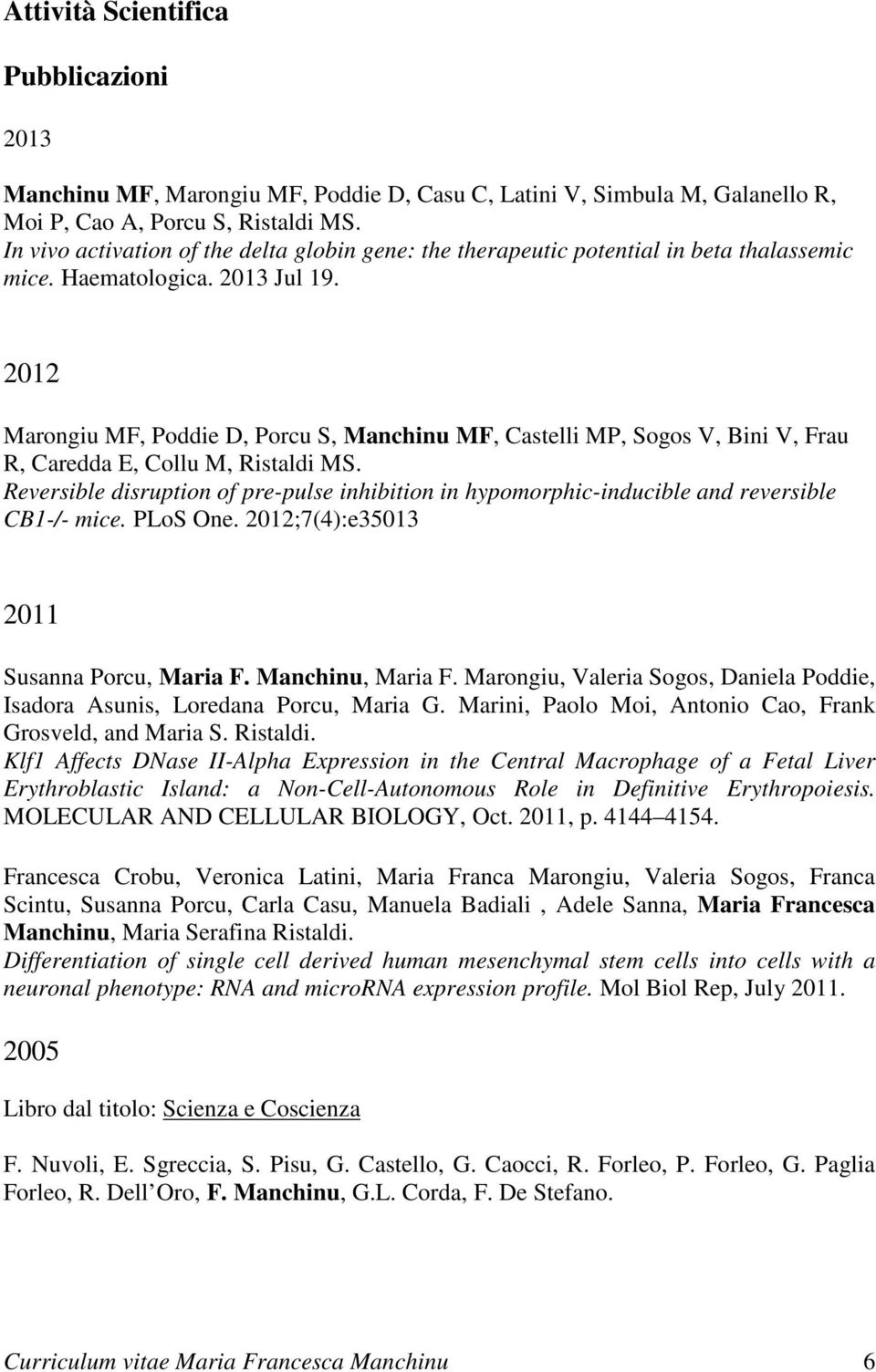2012 Marongiu MF, Poddie D, Porcu S, Manchinu MF, Castelli MP, Sogos V, Bini V, Frau R, Caredda E, Collu M, Ristaldi MS.