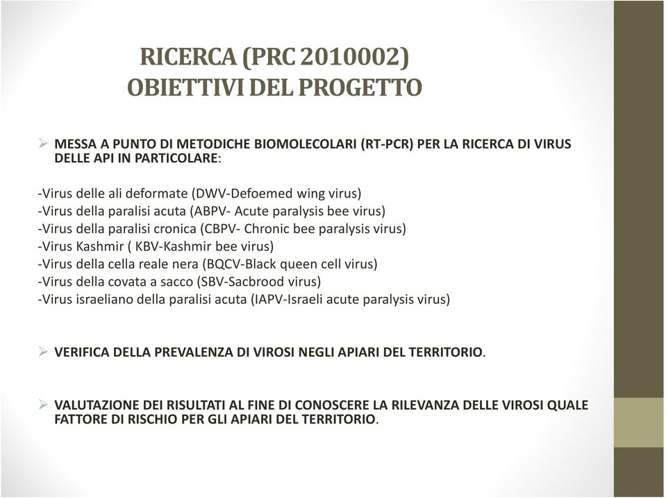 della cella reale nera (BQCV-Black queen cell virus) -Virus della covata a sacco (SBV-Sacbrood virus) -Virus israeliano della paralisi acuta (IAPV-Israeli acute paralysis virus)