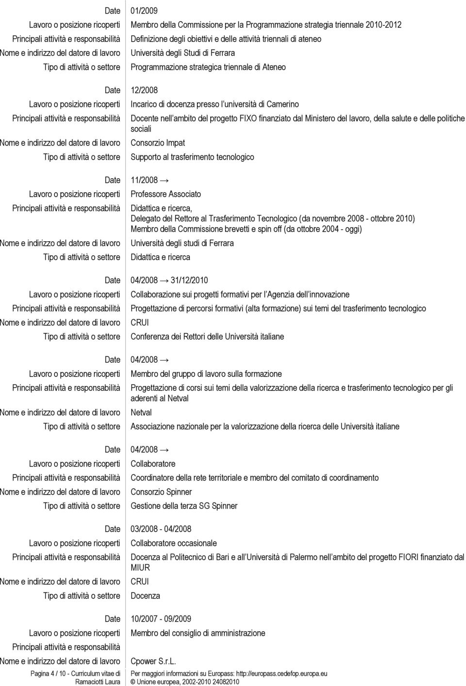 sociali Consorzio Impat Supporto al trasferimento tecnologico 11/2008 Professore Associato Didattica e ricerca, Delegato del Rettore al Trasferimento Tecnologico (da novembre 2008 - ottobre 2010)