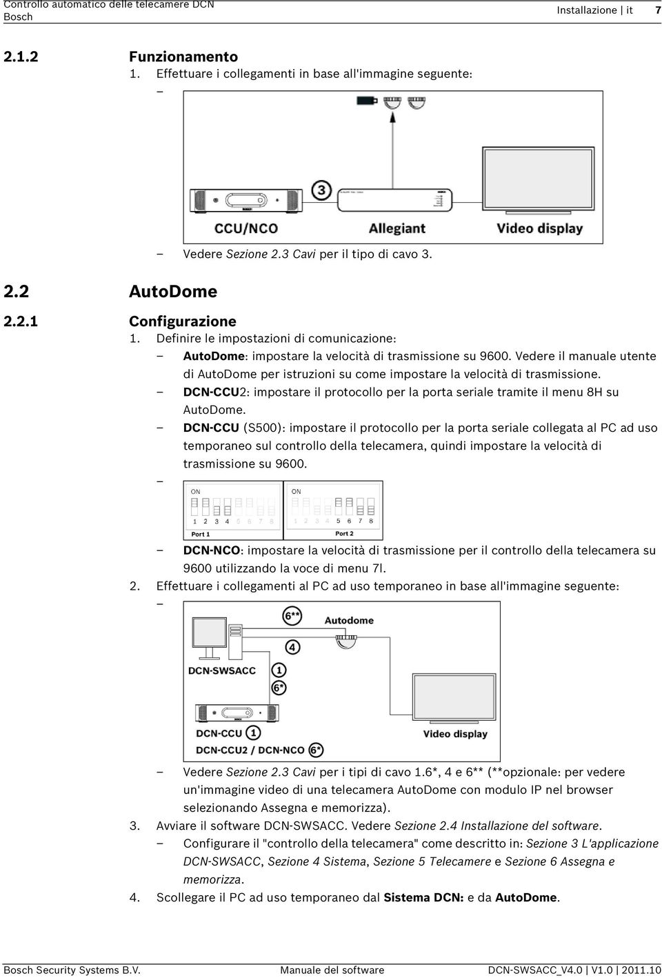 Vedere il manuale utente di AutoDome per istruzioni su come impostare la velocità di trasmissione. DCN-CCU2: impostare il protocollo per la porta seriale tramite il menu 8H su AutoDome.