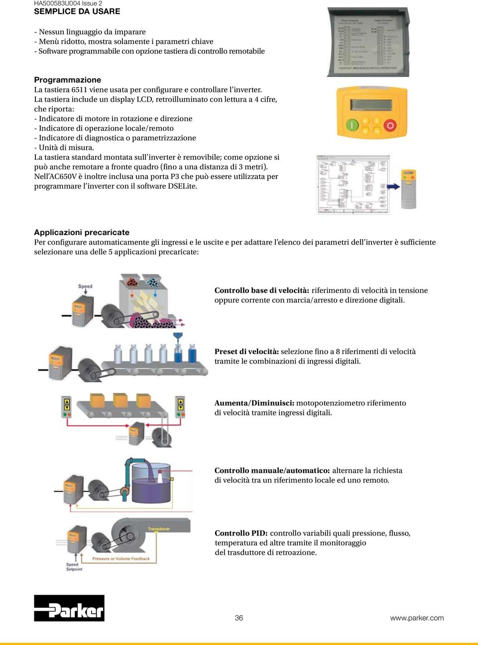 La tastiera include un display LCD, retroilluminato con lettura a 4 cifre, che riporta: - Indicatore di motore in rotazione e direzione - Indicatore di operazione locale/remoto - Indicatore di