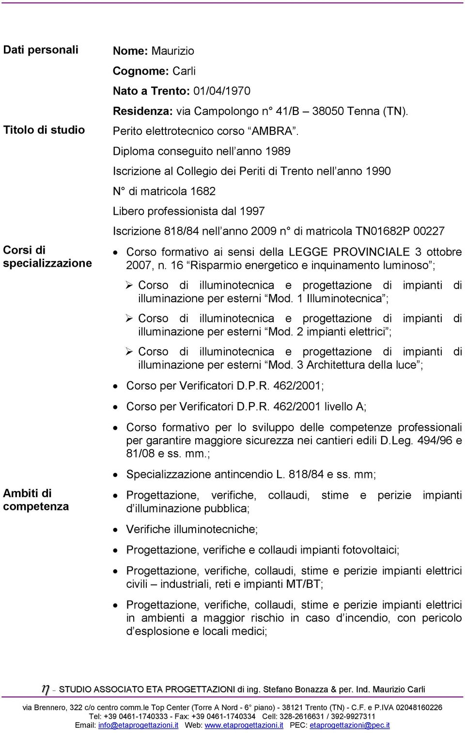 Diploma conseguito nell anno 1989 Iscrizione al Collegio dei Periti di Trento nell anno 1990 N di matricola 1682 Libero professionista dal 1997 Iscrizione 818/84 nell anno 2009 n di matricola