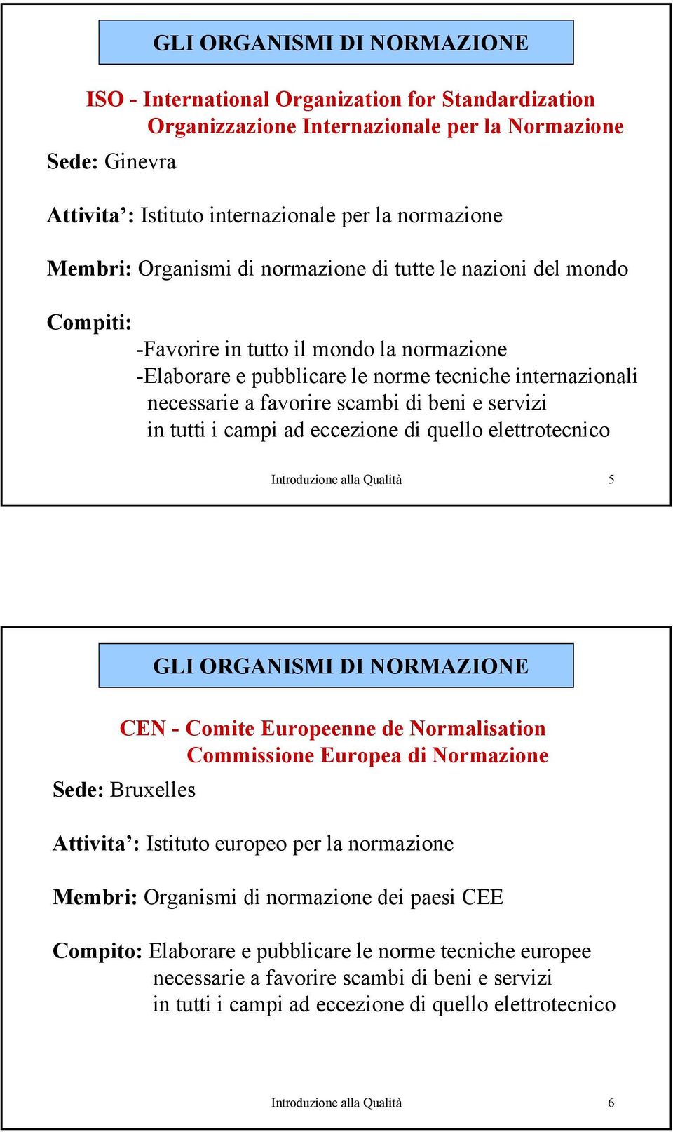 di beni e servizi in tutti i campi ad eccezione di quello elettrotecnico Introduzione alla Qualità 5 GLI ORGANISMI DI NORMAZIONE CEN - Comite Europeenne de Normalisation Commissione Europea di