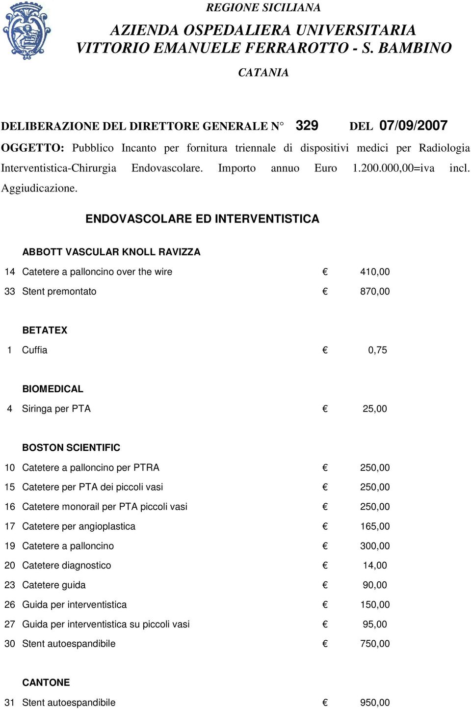 Endovascolare. Importo annuo Euro 1.200.000,00=iva incl. Aggiudicazione.