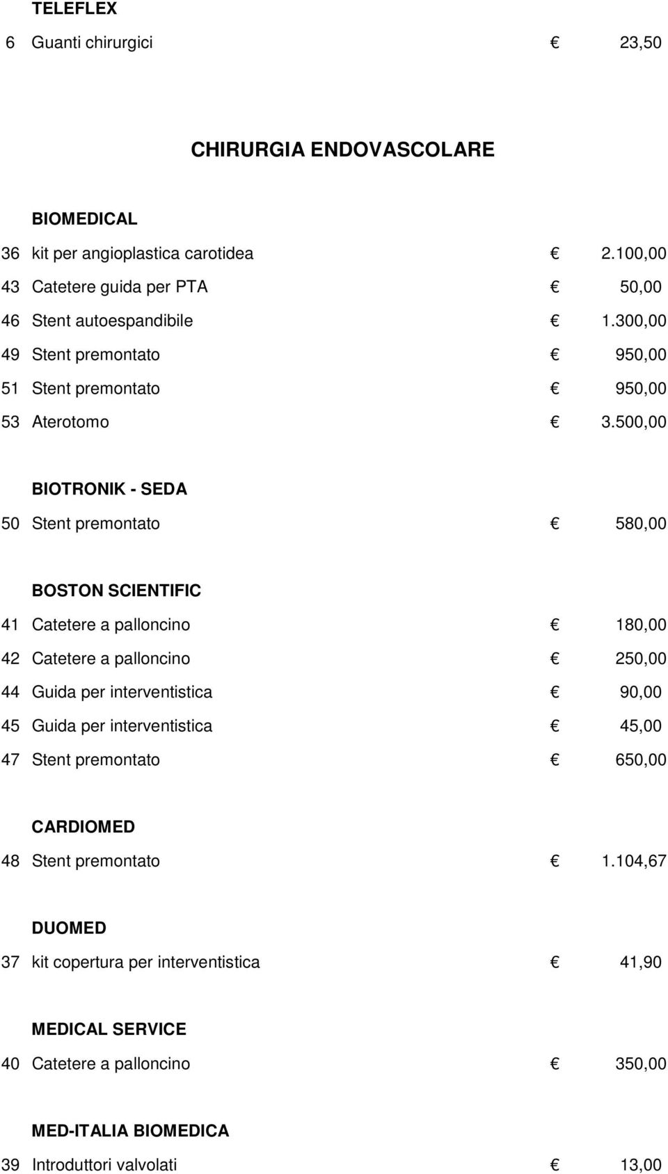 500,00 BIOTRONIK - SEDA 50 Stent premontato 580,00 BOSTON SCIENTIFIC 41 Catetere a palloncino 180,00 42 Catetere a palloncino 250,00 44 Guida per interventistica