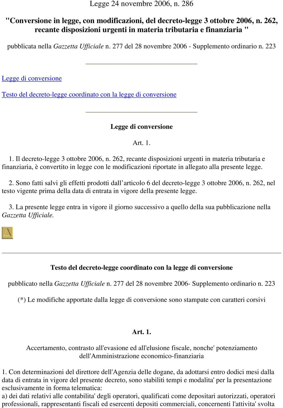 223 Legge di conversione Testo del decreto-legge coordinato con la legge di conversione Legge di conversione Art. 1. 1. Il decreto-legge 3 ottobre 2006, n.