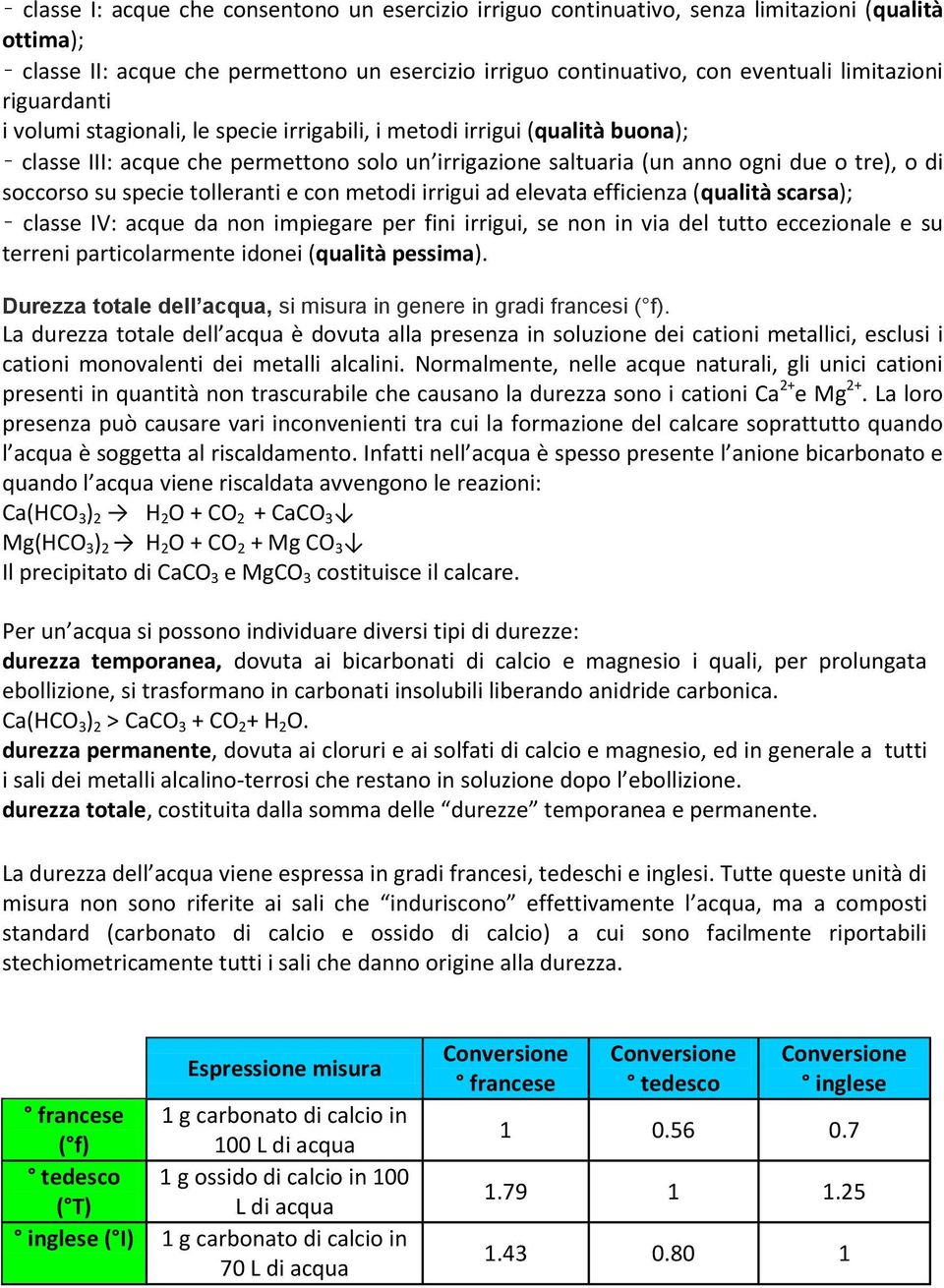 specie tolleranti e con metodi irrigui ad elevata efficienza (qualità scarsa); classe IV: acque da non impiegare per fini irrigui, se non in via del tutto eccezionale e su terreni particolarmente