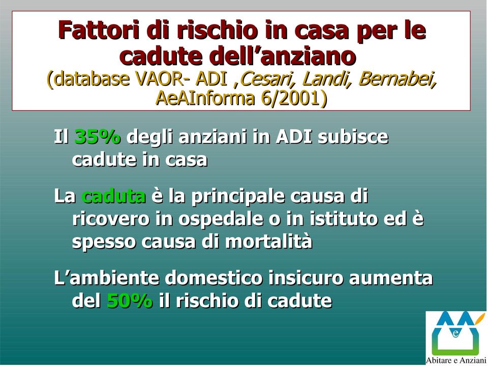 casa La caduta è la principale causa di ricovero in ospedale o in istituto ed è