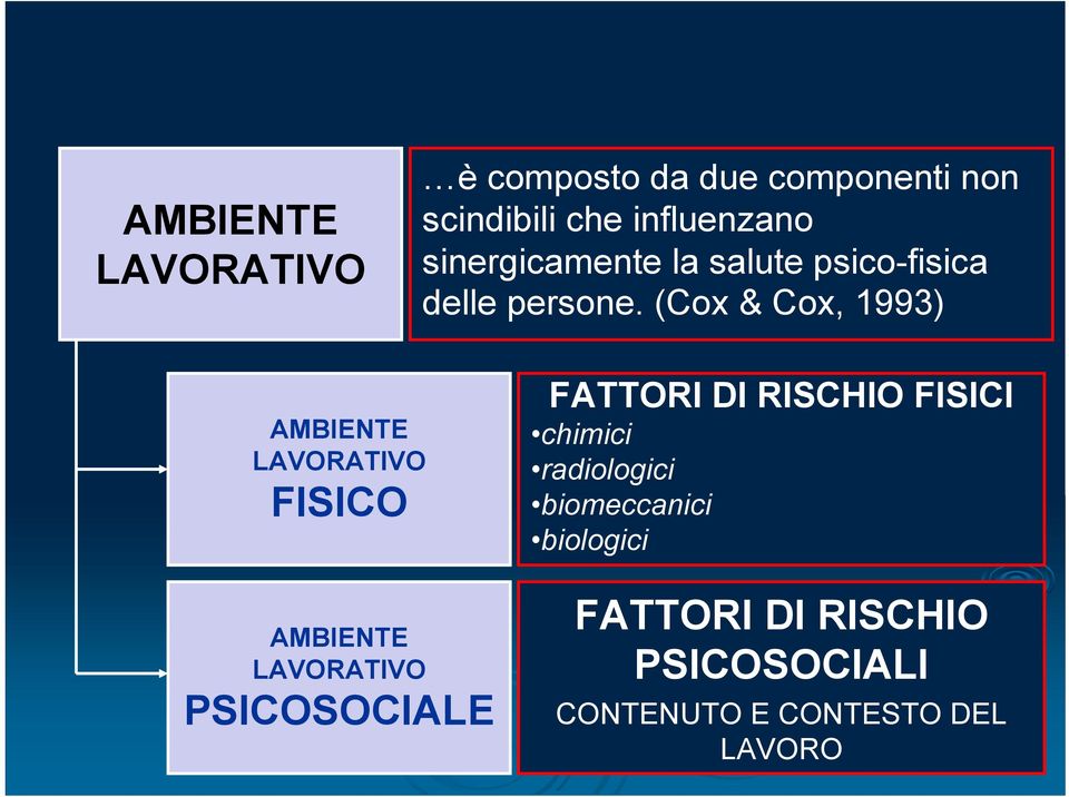 (Cox & Cox, 1993) AMBIENTE LAVORATIVO FISICO AMBIENTE LAVORATIVO PSICOSOCIALE FATTORI