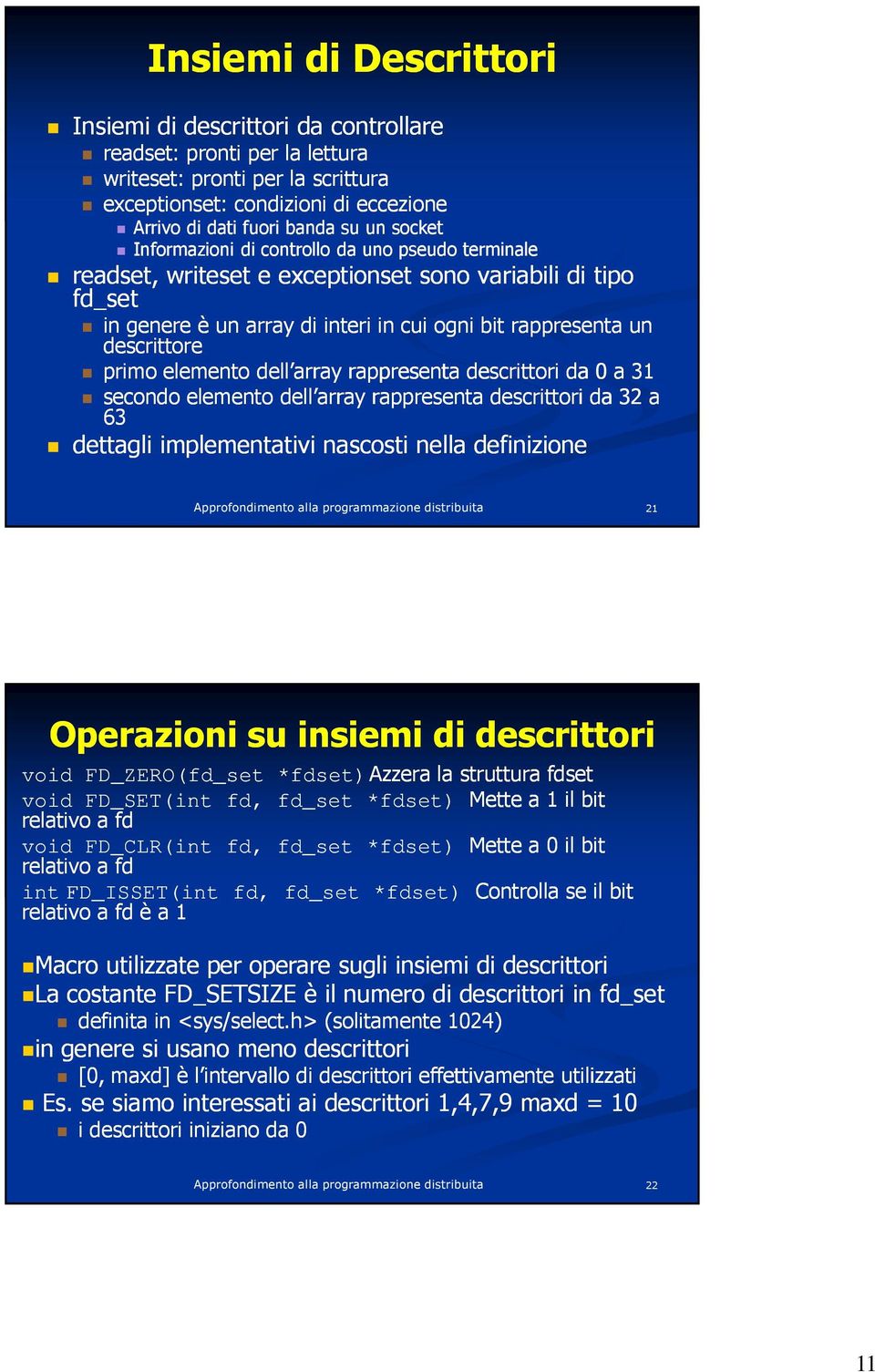 elemento dell array rappresenta descrittori da 0 a 31 secondo elemento dell array rappresenta descrittori da 32 a 63 dettagli implementativi nascosti nella definizione 21 Operazioni su insiemi di