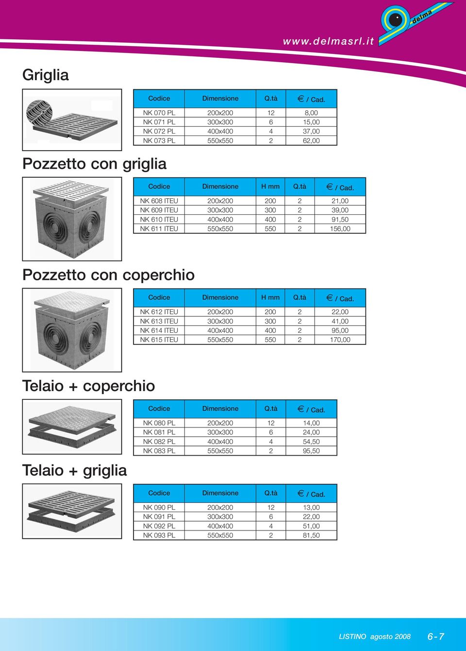 tà NK 612 ITEU 200x200 200 2 22,00 NK 613 ITEU 300x300 300 2 41,00 NK 614 ITEU 400x400 400 2 95,00 NK 615 ITEU 550x550 550 2 170,00 Telaio + coperchio Codice Dimensione Q.