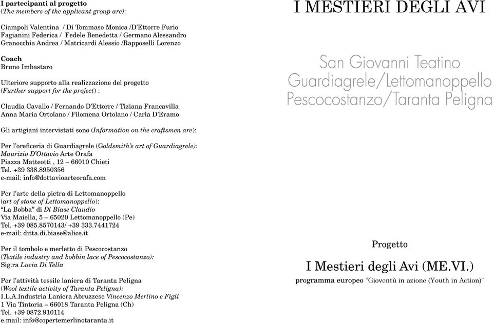 Tiziana Francavilla Anna Maria Ortolano / Filomena Ortolano / Carla D Eramo I MESTIERI DEGLI AVI San Giovanni Teatino Guardiagrele/Lettomanoppello Pescocostanzo/Taranta Peligna Gli artigiani