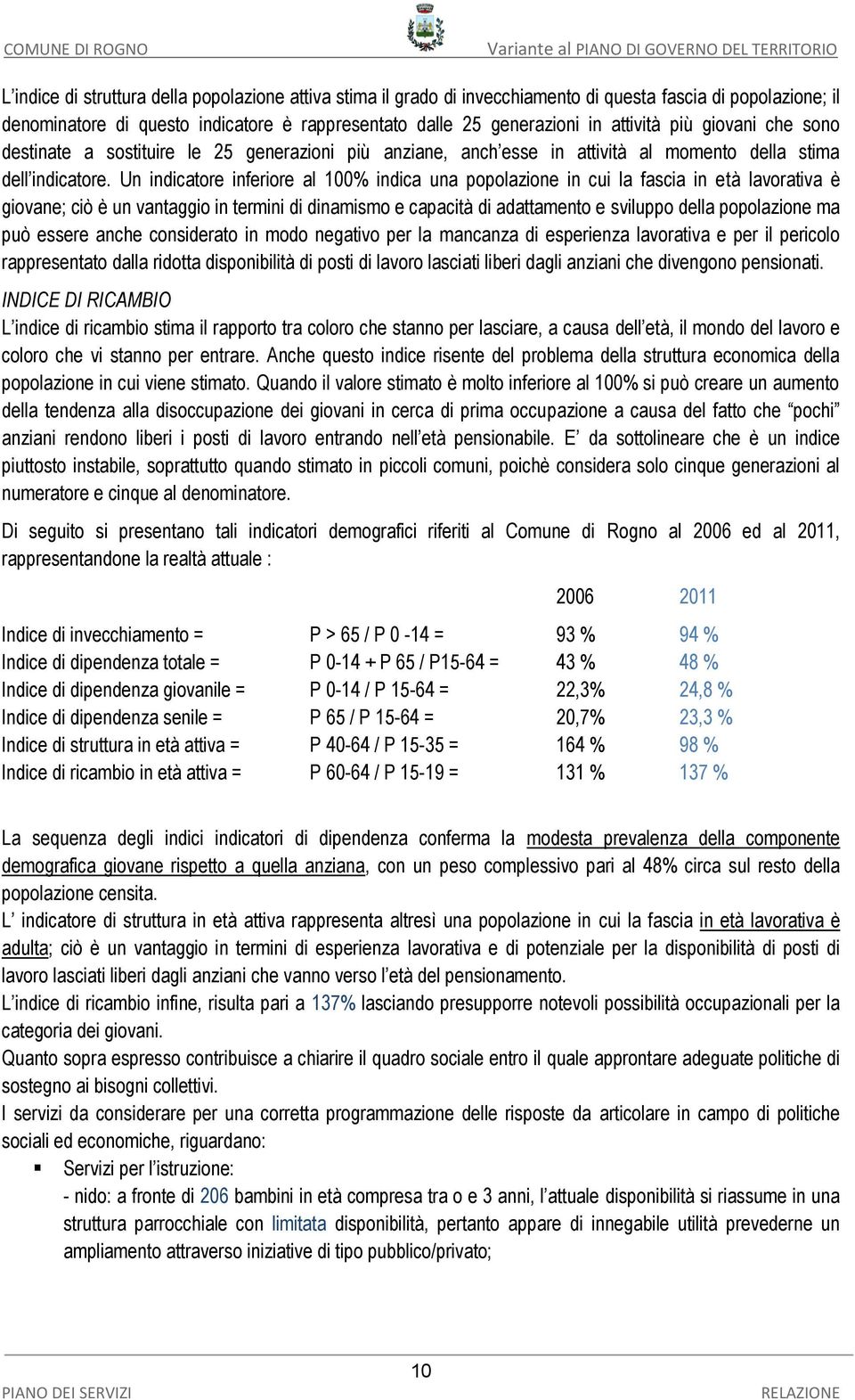 Un indicatore inferiore al 100% indica una popolazione in cui la fascia in età lavorativa è giovane; ciò è un vantaggio in termini di dinamismo e capacità di adattamento e sviluppo della popolazione