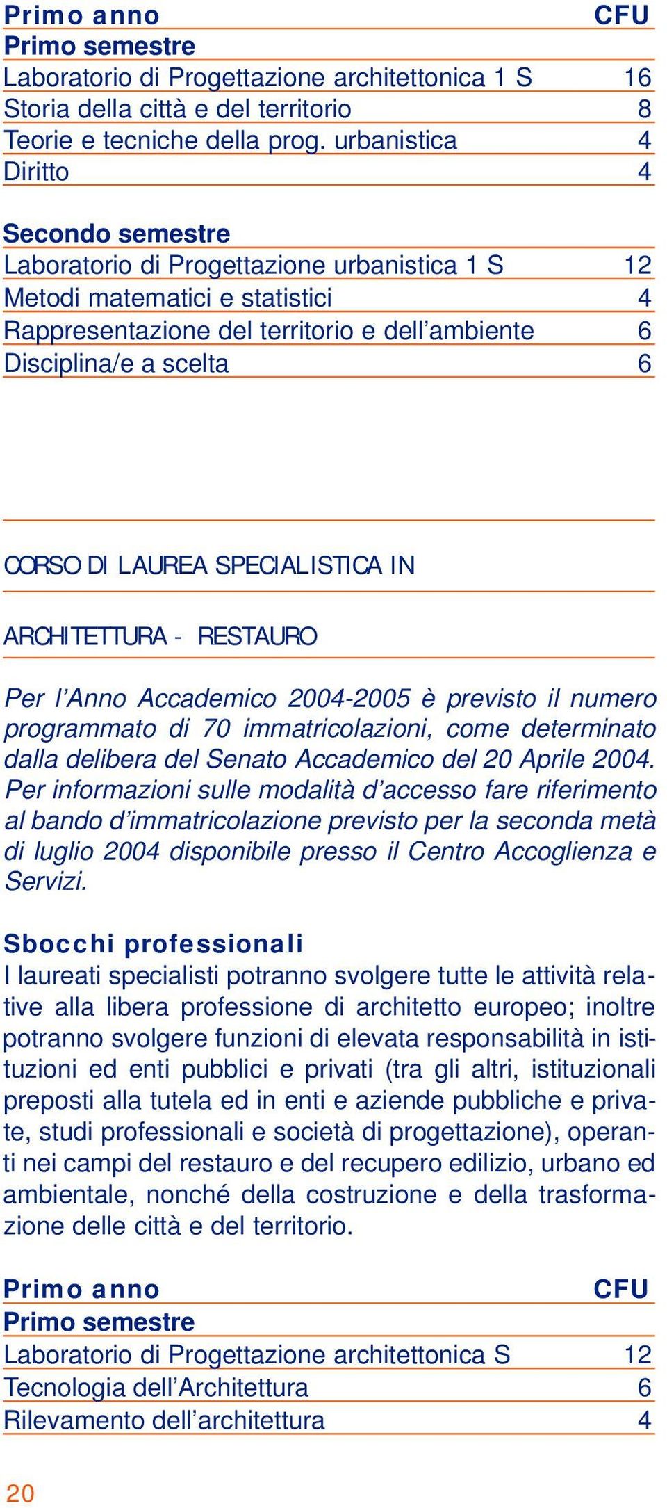 CORSO DI LAUREA SPECIALISTICA IN ARCHITETTURA - RESTAURO Per l Anno Accademico 2004-2005 è previsto il numero programmato di 70 immatricolazioni, come determinato dalla delibera del Senato Accademico