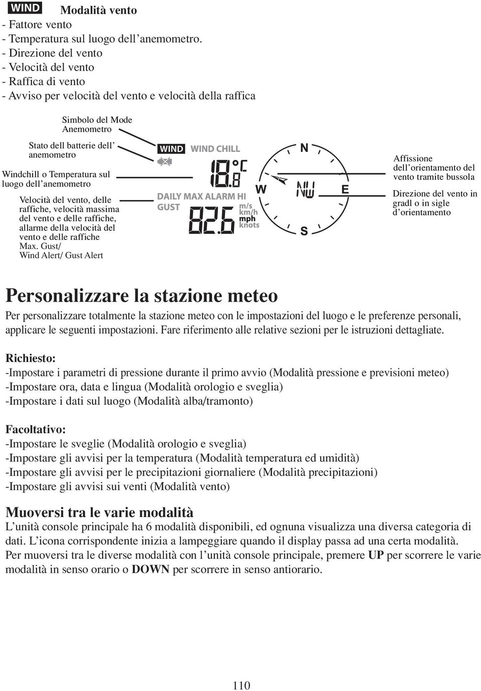 Temperatura sul luogo dell anemometro Velocità del vento, delle raffiche, velocità massima del vento e delle raffiche, allarme della velocità del vento e delle raffiche Max.