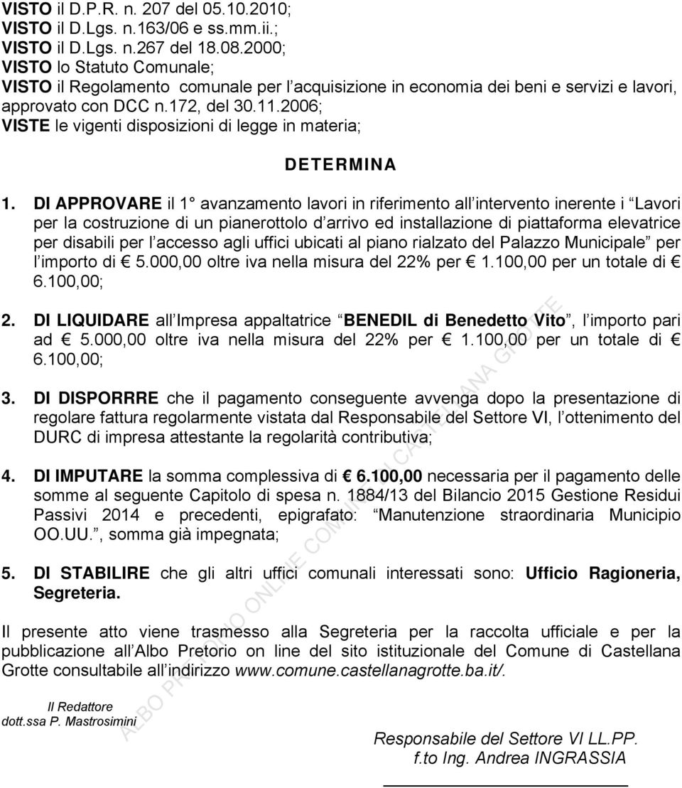 2006; VISTE le vigenti disposizioni di legge in materia; DETERMINA 1.