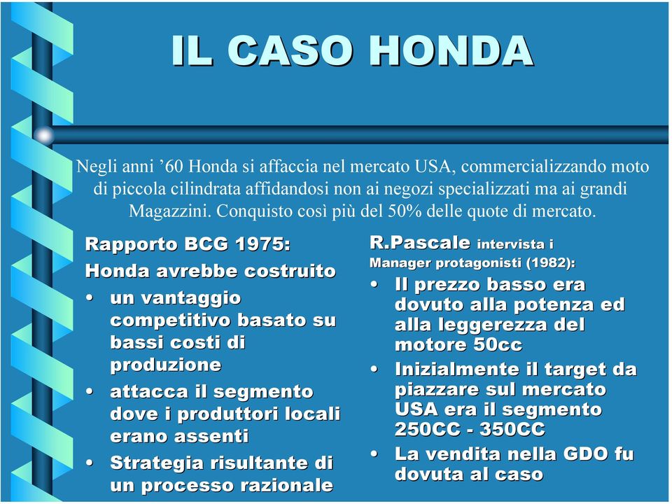 Rapporto BCG 1975: Honda avrebbe costruito un vantaggio competitivo basato su bassi costi di produzione attacca il segmento dove i produttori locali erano assenti