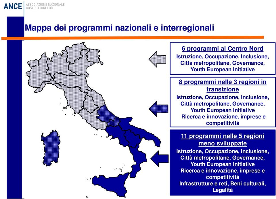 European Initiative Ricerca e innovazione, imprese e competitività 11 programmi nelle 5 regioni meno sviluppate Istruzione, Occupazione,