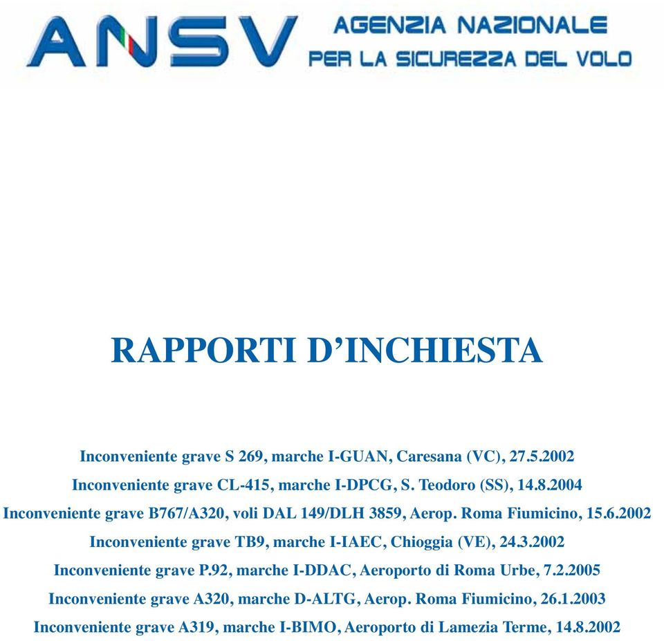 3.2002 Inconveniente grave P.92, marche I-DDAC, Aeroporto di Roma Urbe, 7.2.2005 Inconveniente grave A320, marche D-ALTG, Aerop.