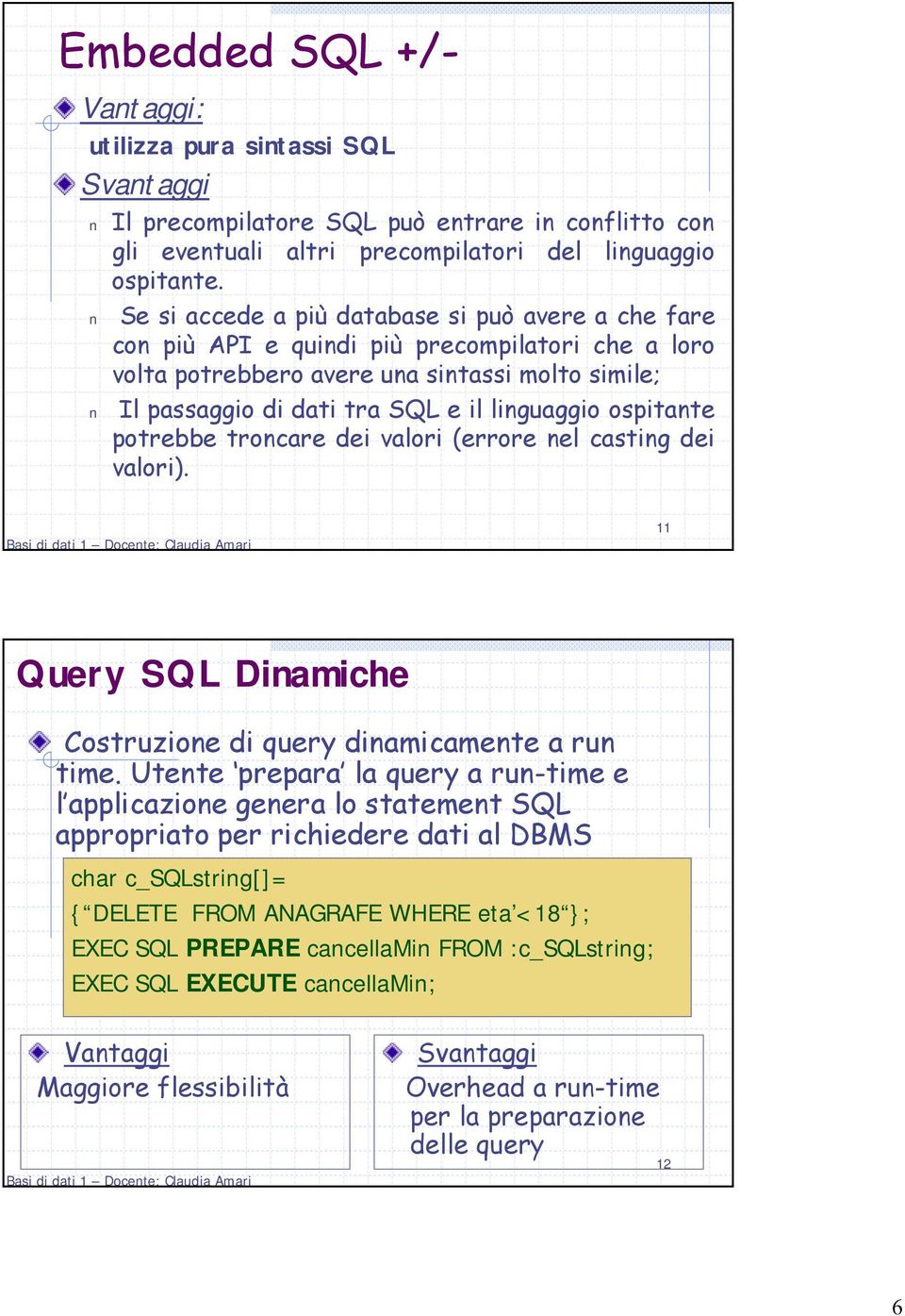 ospitante potrebbe troncare dei valori (errore nel casting dei valori). 11 Query SQL Dinamiche Costruzione di query dinamicamente a run time.