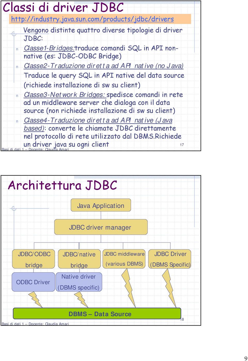 native (no Java) Traduce le query SQL in API native del datasource (richiede installazione di swsu client) Classe3-Network Bridges: spedisce comandi in rete ad un middleware server che dialoga con il