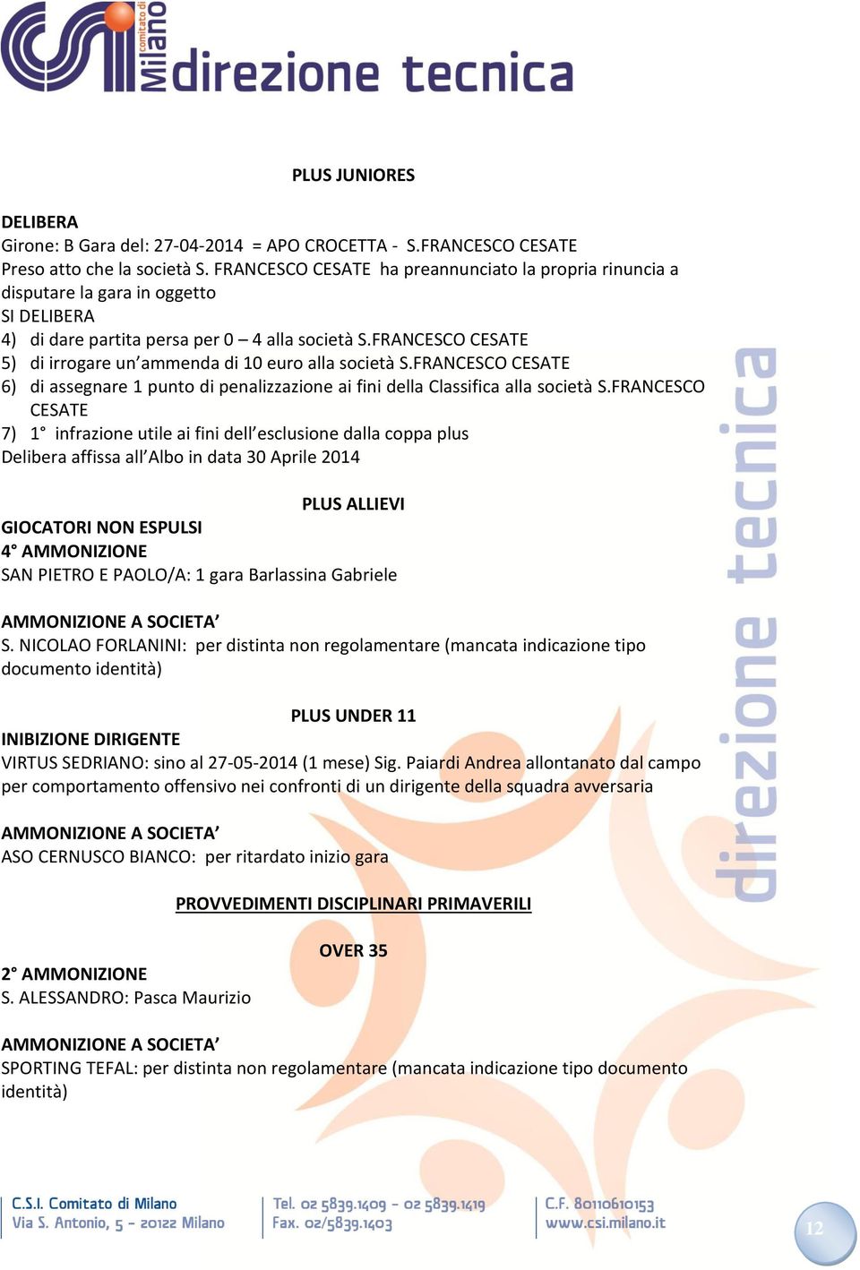 FRANCESCO CESATE 5) di irrogare un ammenda di 10 euro alla società S.FRANCESCO CESATE 6) di assegnare 1 punto di penalizzazione ai fini della Classifica alla società S.