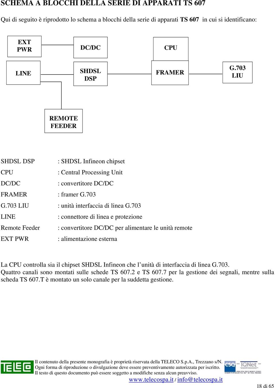 703 LINE : connettore di linea e protezione Remote Feeder : convertitore DC/DC per alimentare le unità remote EXT PWR : alimentazione esterna La CPU controlla sia il chipset SHDSL Infineon che l