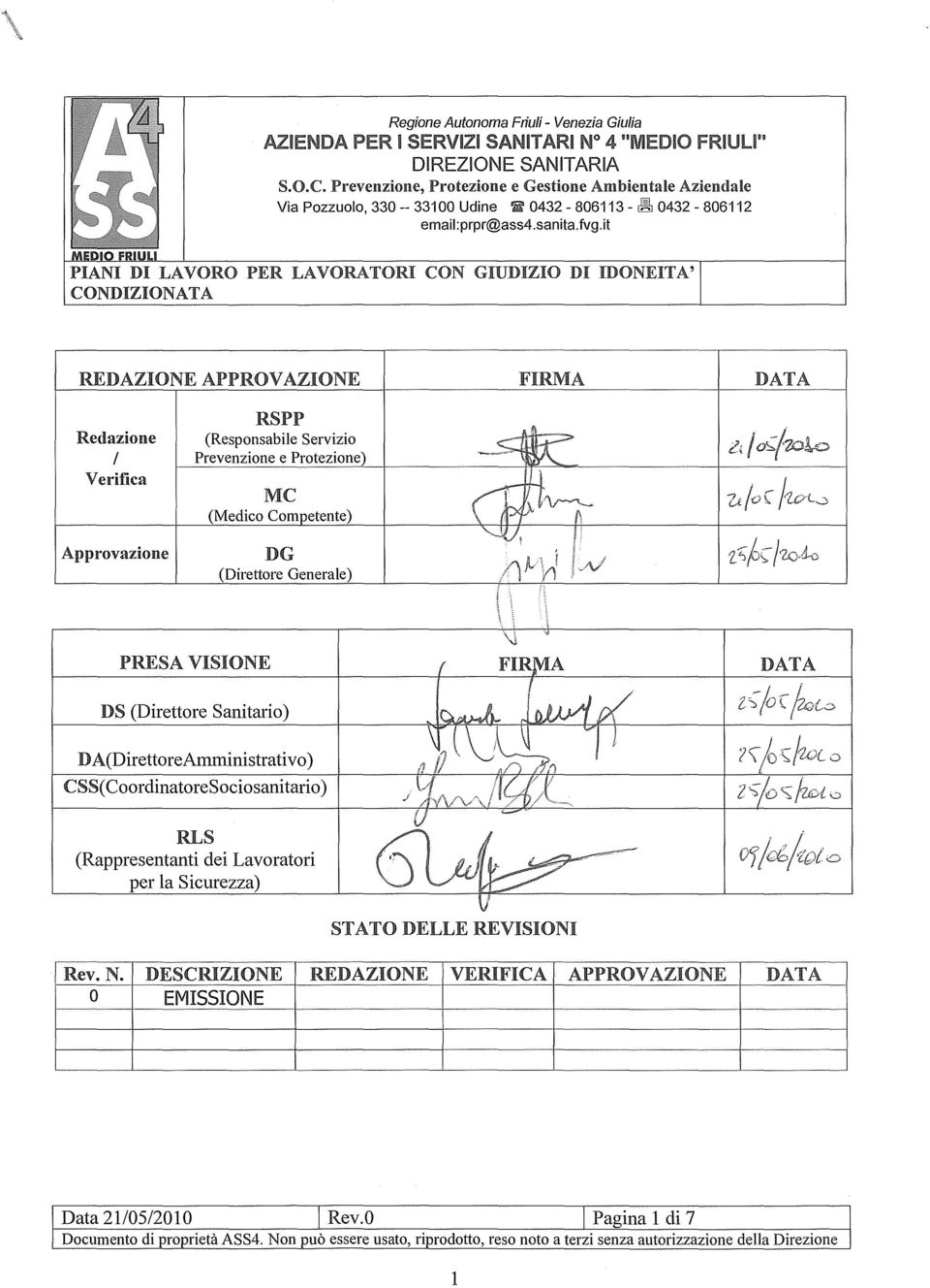 DA(DirettoreAmministrativo) CSS( CoordinatoreSociosanitario) RLS (Rappresentanti dei Lavoratori per la Sicurezza) STATO DELLE REVISIONI