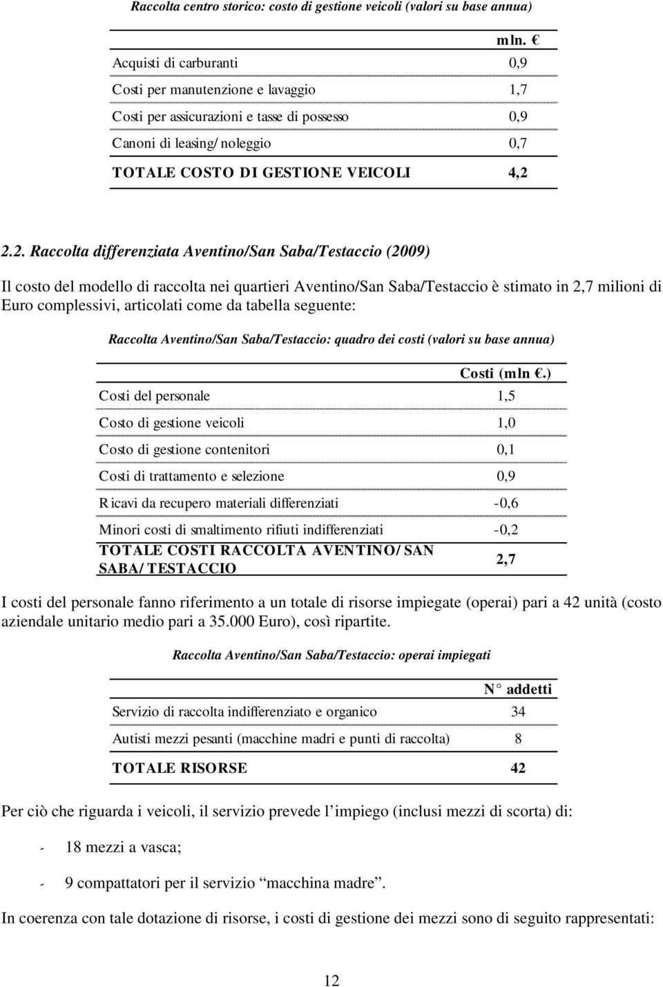 2.2. Raccolta differenziata Aventino/San Saba/Testaccio () Il costo del modello di raccolta nei quartieri Aventino/San Saba/Testaccio è stimato in 2,7 milioni di Euro complessivi, articolati come da