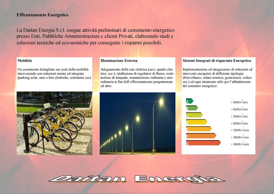 Mobilità Un censimento dettagliato sui costi della mobilità intervenendo con soluzioni mirate ed integrate (parking solar, auto e bici elettriche, colonnine ecc) Illuminazione Esterna Adeguamento
