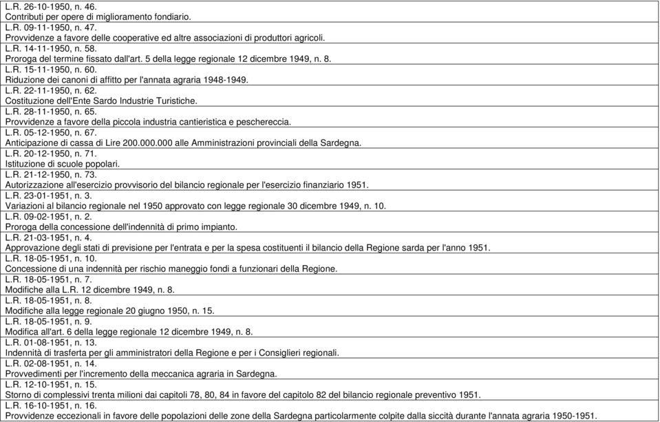 62. Costituzione dell'ente Sardo Industrie Turistiche. L.R. 28-11-1950, n. 65. Provvidenze a favore della piccola industria cantieristica e peschereccia. L.R. 05-12-1950, n. 67.