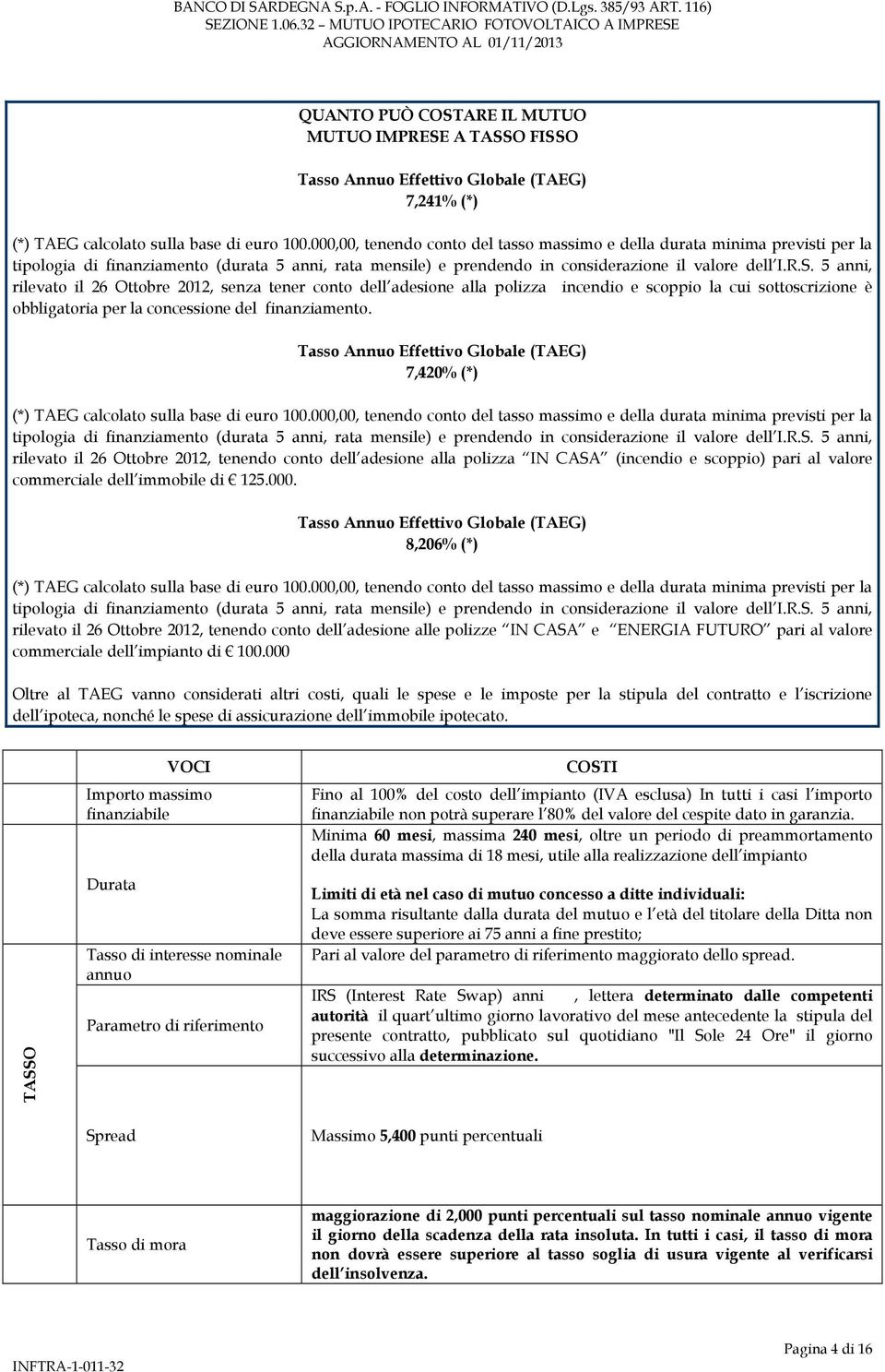 5 anni, rilevato il 26 Ottobre 2012, senza tener conto dell adesione alla polizza incendio e scoppio la cui sottoscrizione è obbligatoria per la concessione del finanziamento.