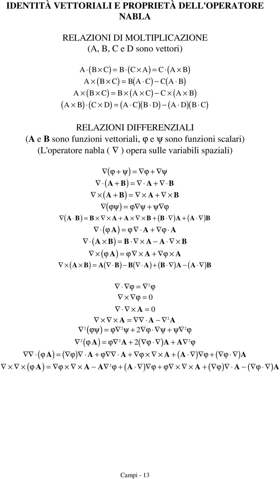 (L'operatore nabla ( ) opera sulle variabili spaziali) ( ϕ + ψ ) = ϕ + ψ + = + + = + ( ϕψ) = ϕ ψ + ψ ϕ ( ) = + + ( ) + ( ) ( ϕ ) = ϕ + ϕ (