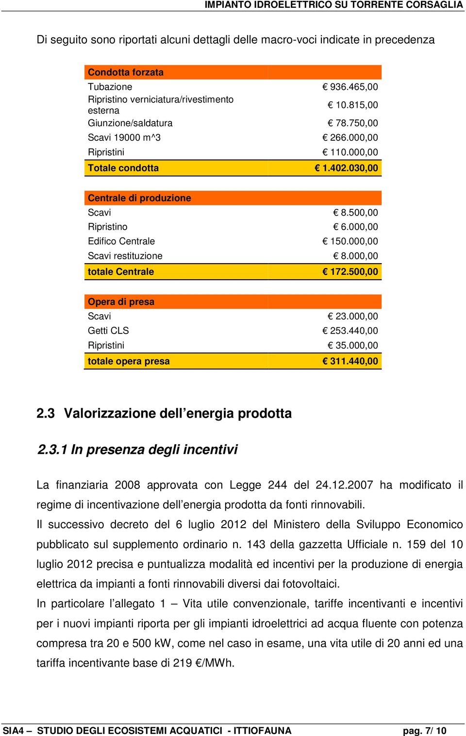 000,00 totale Centrale 172.500,00 Opera di presa Scavi 23.000,00 Getti CLS 253.440,00 Ripristini 35.000,00 totale opera presa 311.440,00 2.3 Valorizzazione dell energia prodotta 2.3.1 In presenza degli incentivi La finanziaria 2008 approvata con Legge 244 del 24.